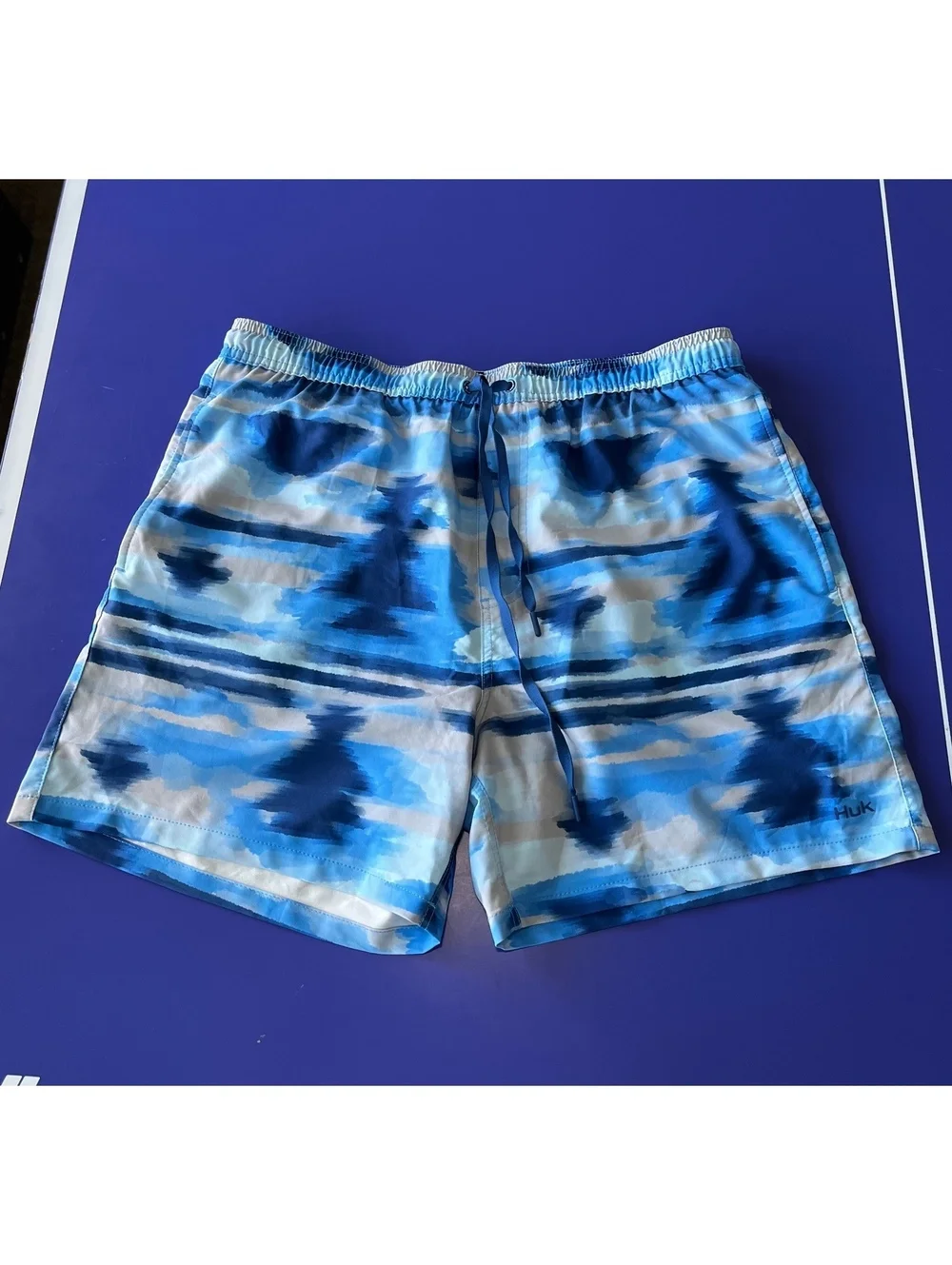 Huk XL Blue Patterned Swim Trunks with Elastic Waist and Drawstring